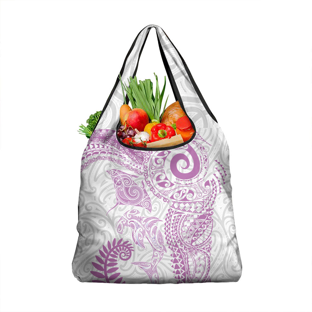 Aotearoa Maori Sea Animals Tribal Grocery Bag Manta Ray and Shark Moko Pattern Pink Color