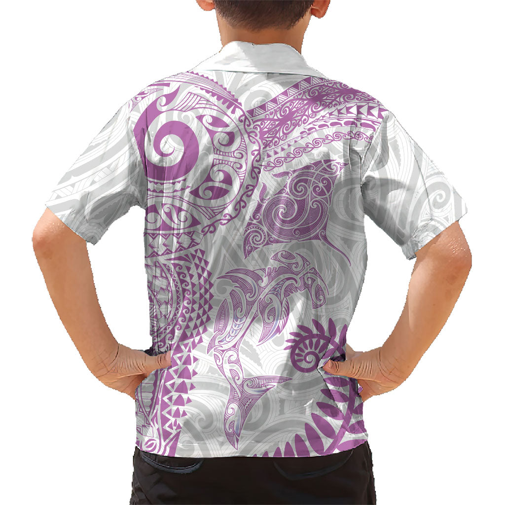 Aotearoa Maori Sea Animals Tribal Kid Hawaiian Shirt Manta Ray and Shark Moko Pattern Pink Color