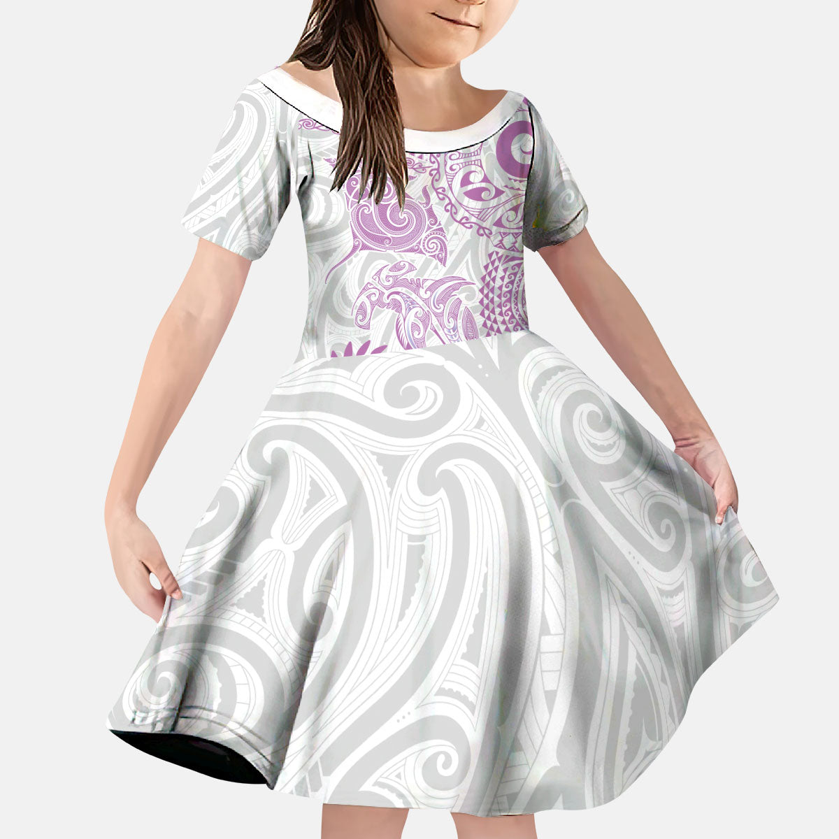 Aotearoa Maori Sea Animals Tribal Kid Short Sleeve Dress Manta Ray and Shark Moko Pattern Pink Color