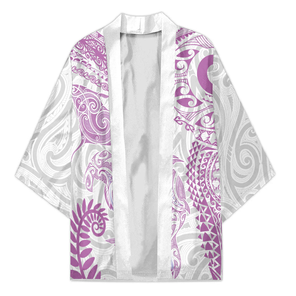 Aotearoa Maori Sea Animals Tribal Kimono Manta Ray and Shark Moko Pattern Pink Color