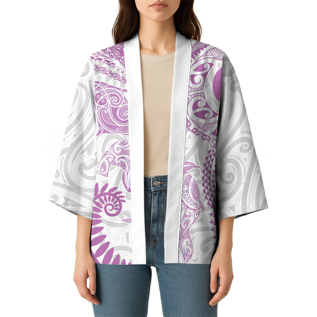 Aotearoa Maori Sea Animals Tribal Kimono Manta Ray and Shark Moko Pattern Pink Color