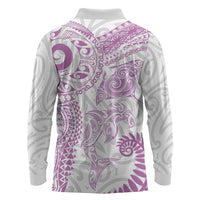 Aotearoa Maori Sea Animals Tribal Long Sleeve Polo Shirt Manta Ray and Shark Moko Pattern Pink Color