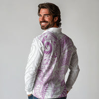 Aotearoa Maori Sea Animals Tribal Long Sleeve Polo Shirt Manta Ray and Shark Moko Pattern Pink Color