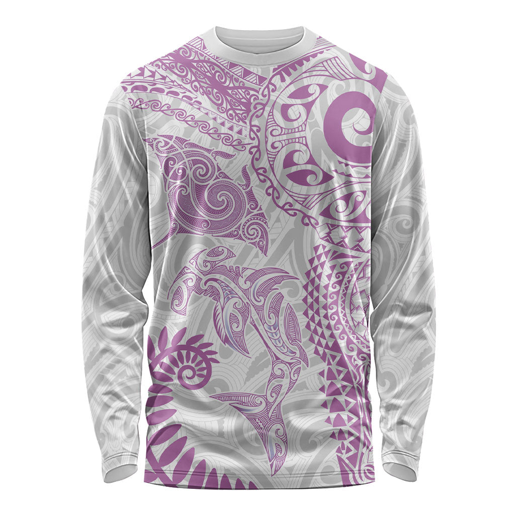 Aotearoa Maori Sea Animals Tribal Long Sleeve Shirt Manta Ray and Shark Moko Pattern Pink Color