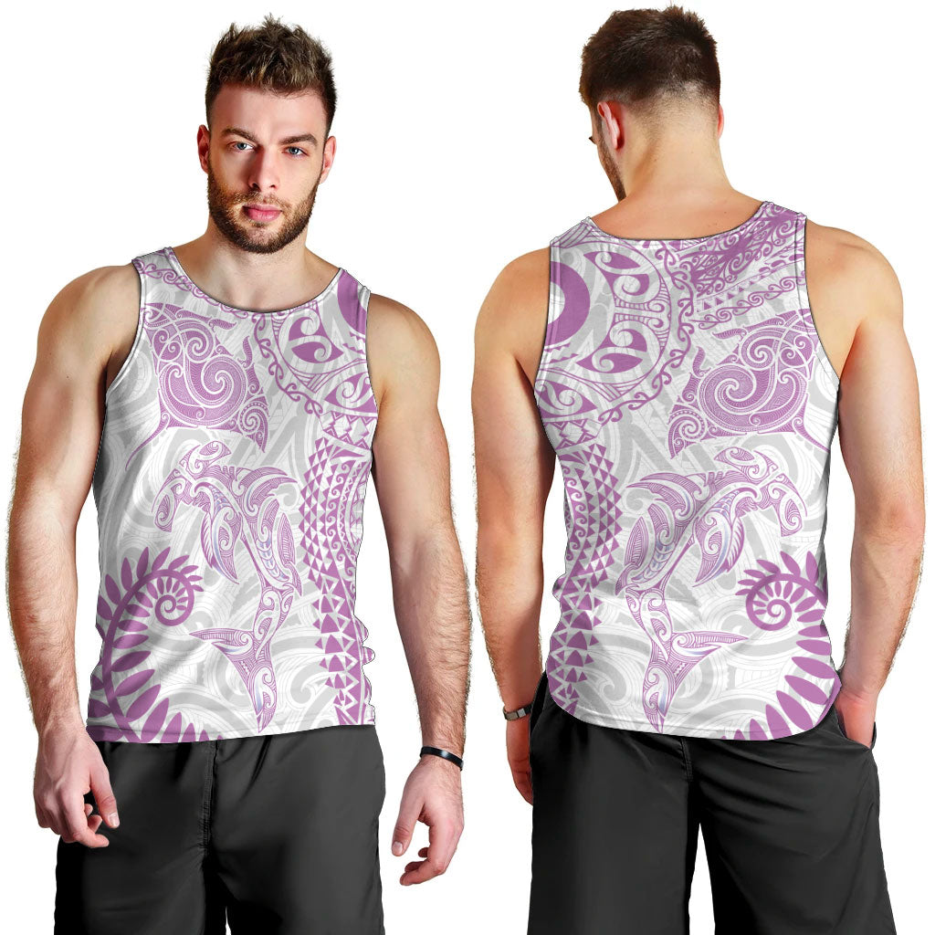 Aotearoa Maori Sea Animals Tribal Men Tank Top Manta Ray and Shark Moko Pattern Pink Color