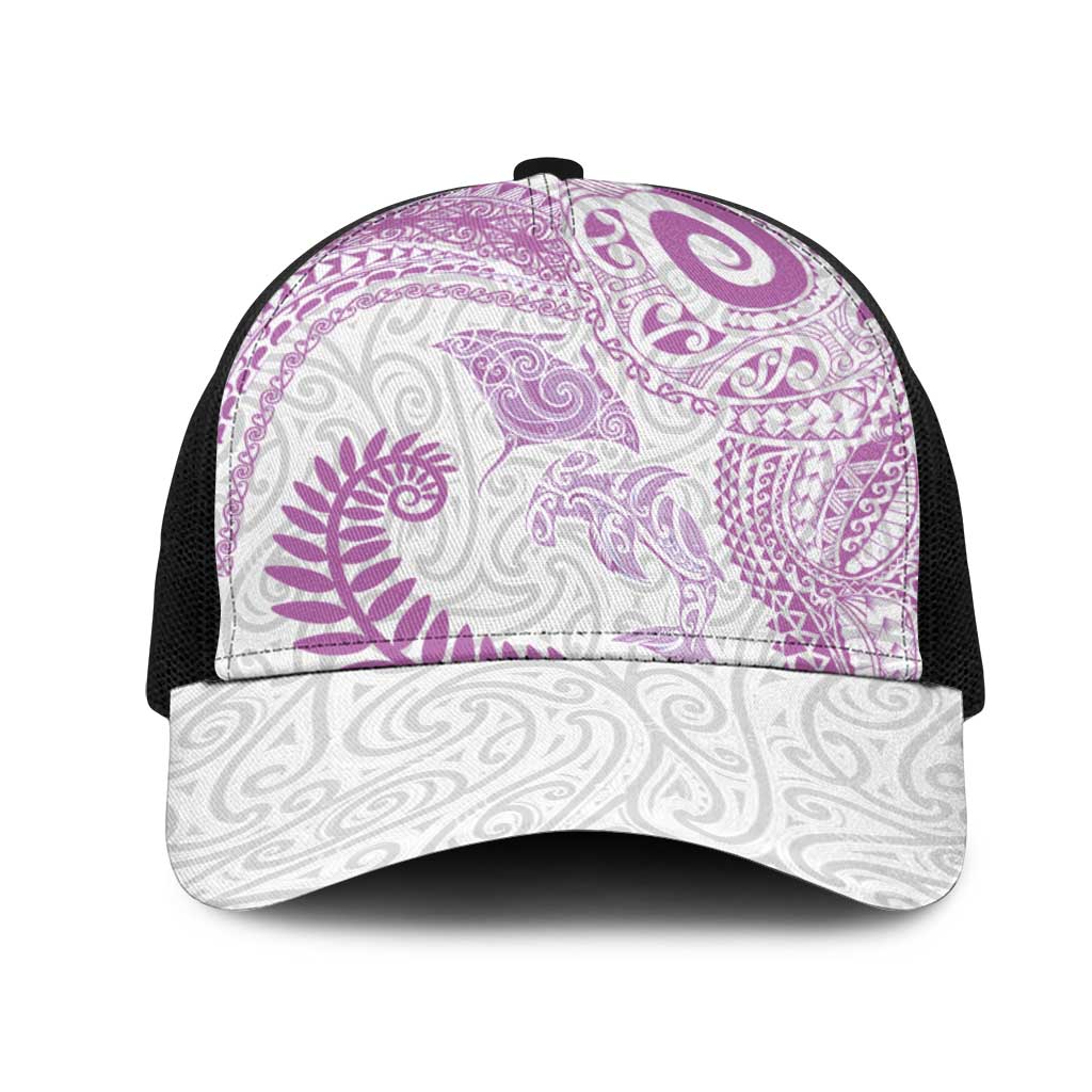 Aotearoa Maori Sea Animals Tribal Mesh Trucker Cap Manta Ray and Shark Moko Pattern Pink Color