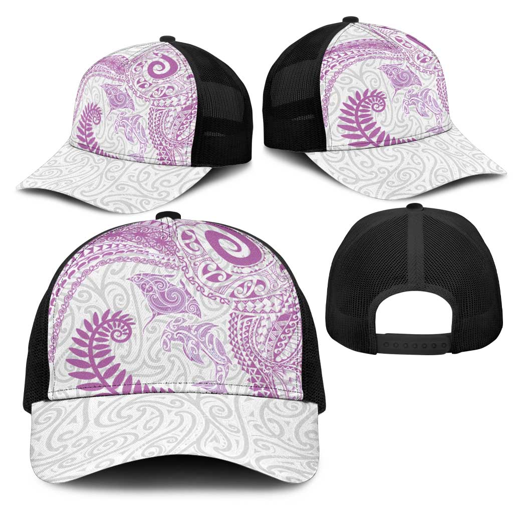 Aotearoa Maori Sea Animals Tribal Mesh Trucker Cap Manta Ray and Shark Moko Pattern Pink Color