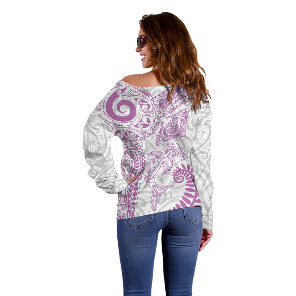 Aotearoa Maori Sea Animals Tribal Off Shoulder Sweater Manta Ray and Shark Moko Pattern Pink Color