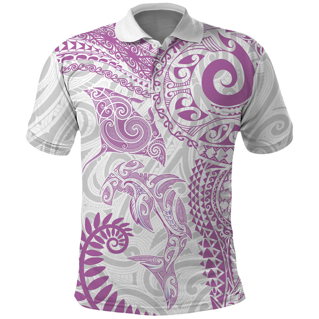 Aotearoa Maori Sea Animals Tribal Polo Shirt Manta Ray and Shark Moko Pattern Pink Color