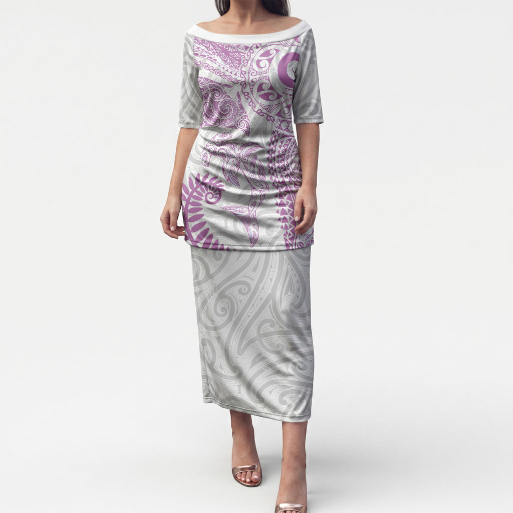 Aotearoa Maori Sea Animals Tribal Puletasi Manta Ray and Shark Moko Pattern Pink Color LT03 Long Dress Pink - Polynesian Pride