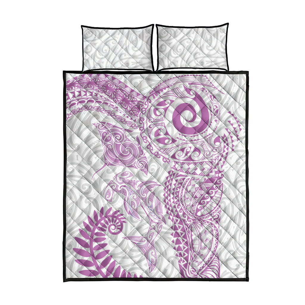Aotearoa Maori Sea Animals Tribal Quilt Bed Set Manta Ray and Shark Moko Pattern Pink Color