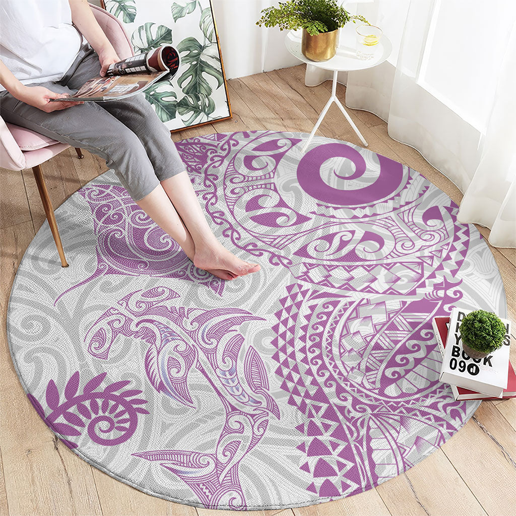 Aotearoa Maori Sea Animals Tribal Round Carpet Manta Ray and Shark Moko Pattern Pink Color