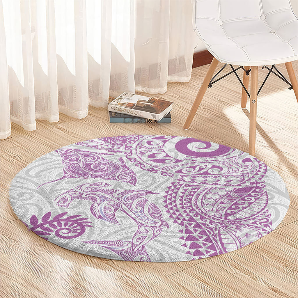 Aotearoa Maori Sea Animals Tribal Round Carpet Manta Ray and Shark Moko Pattern Pink Color