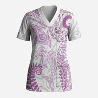 Aotearoa Maori Sea Animals Tribal Scrub Top Manta Ray and Shark Moko Pattern Pink Color