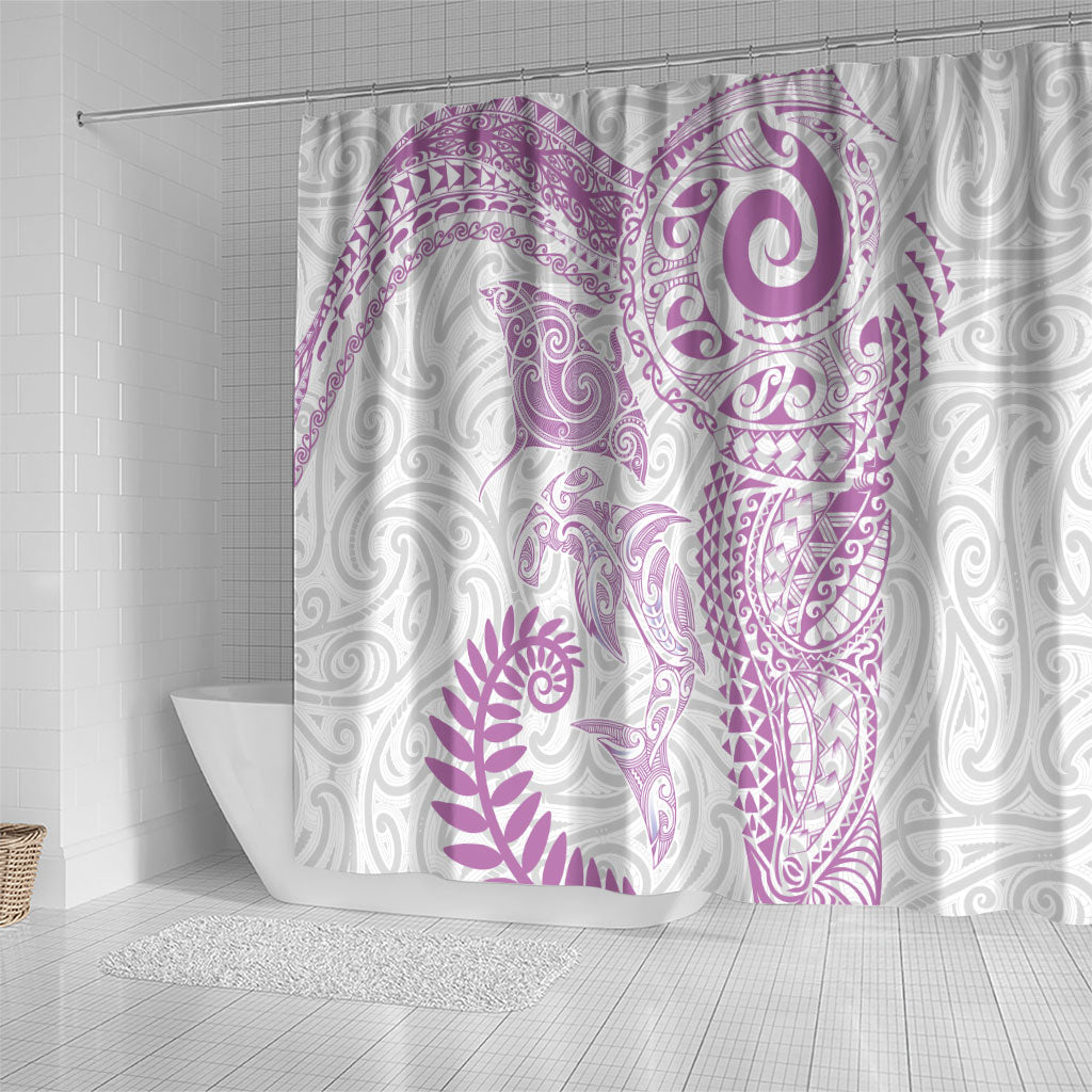 Aotearoa Maori Sea Animals Tribal Shower Curtain Manta Ray and Shark Moko Pattern Pink Color