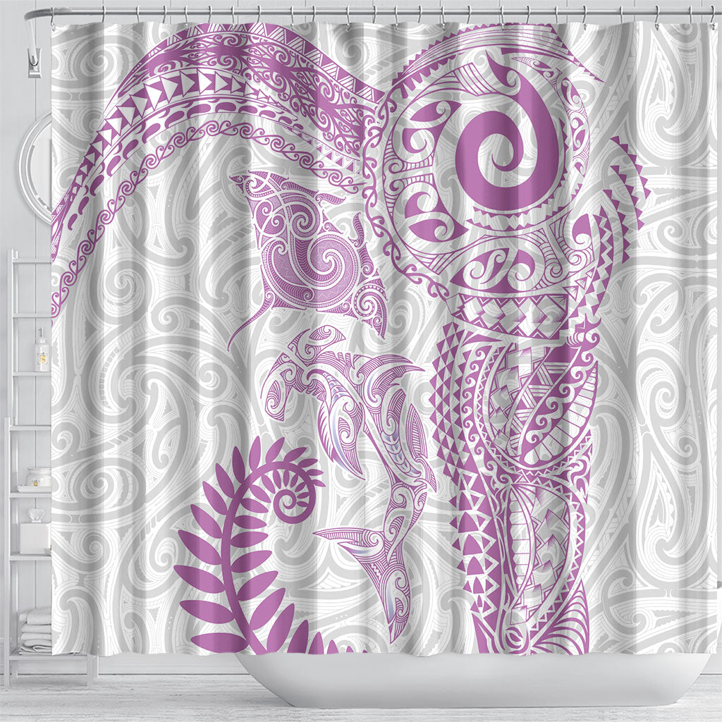 Aotearoa Maori Sea Animals Tribal Shower Curtain Manta Ray and Shark Moko Pattern Pink Color