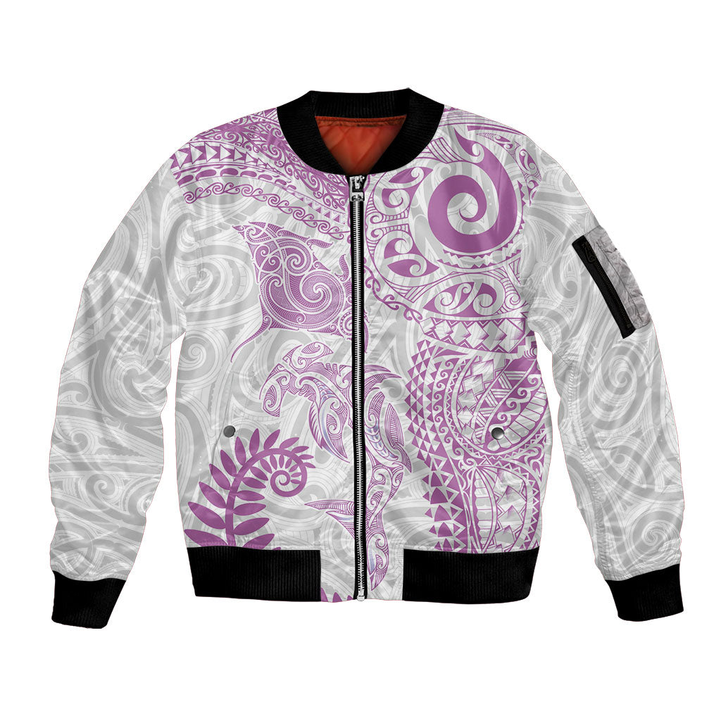 Aotearoa Maori Sea Animals Tribal Sleeve Zip Bomber Jacket Manta Ray and Shark Moko Pattern Pink Color