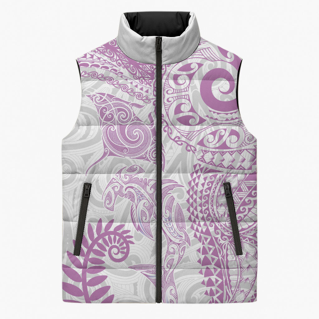 Aotearoa Maori Sea Animals Tribal Sleeveless Puffer Jacket Manta Ray and Shark Moko Pattern Pink Color