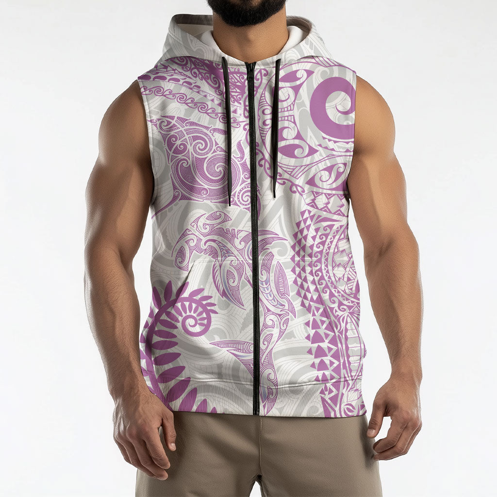 Aotearoa Maori Sea Animals Tribal Sleeveless Zip Hoodie Manta Ray and Shark Moko Pattern Pink Color
