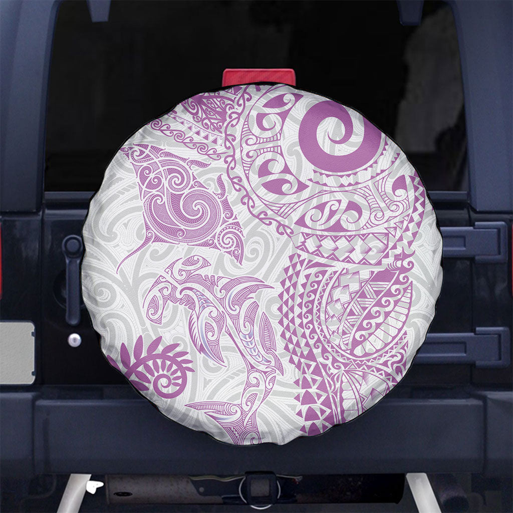Aotearoa Maori Sea Animals Tribal Spare Tire Cover Manta Ray and Shark Moko Pattern Pink Color