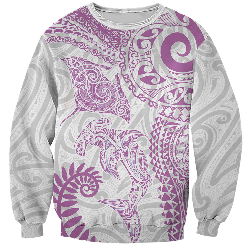 Aotearoa Maori Sea Animals Tribal Sweatshirt Manta Ray and Shark Moko Pattern Pink Color