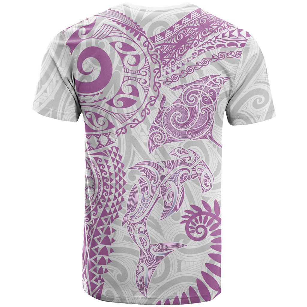 Aotearoa Maori Sea Animals Tribal T Shirt Manta Ray and Shark Moko Pattern Pink Color