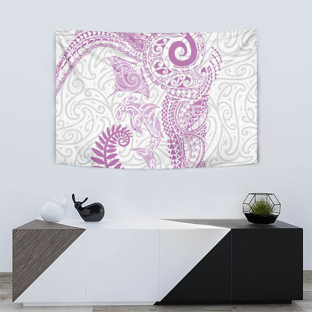 Aotearoa Maori Sea Animals Tribal Tapestry Manta Ray and Shark Moko Pattern Pink Color