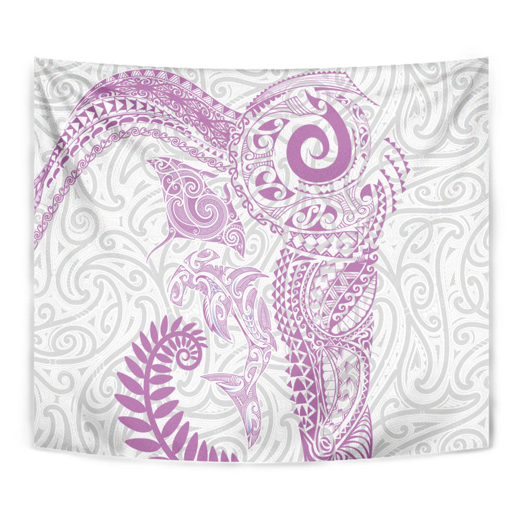 Aotearoa Maori Sea Animals Tribal Tapestry Manta Ray and Shark Moko Pattern Pink Color