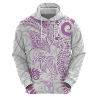 Aotearoa Maori Sea Animals Tribal Zip Hoodie Manta Ray and Shark Moko Pattern Pink Color