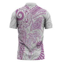 Aotearoa Maori Sea Animals Tribal Zipper Polo Shirt Manta Ray and Shark Moko Pattern Pink Color