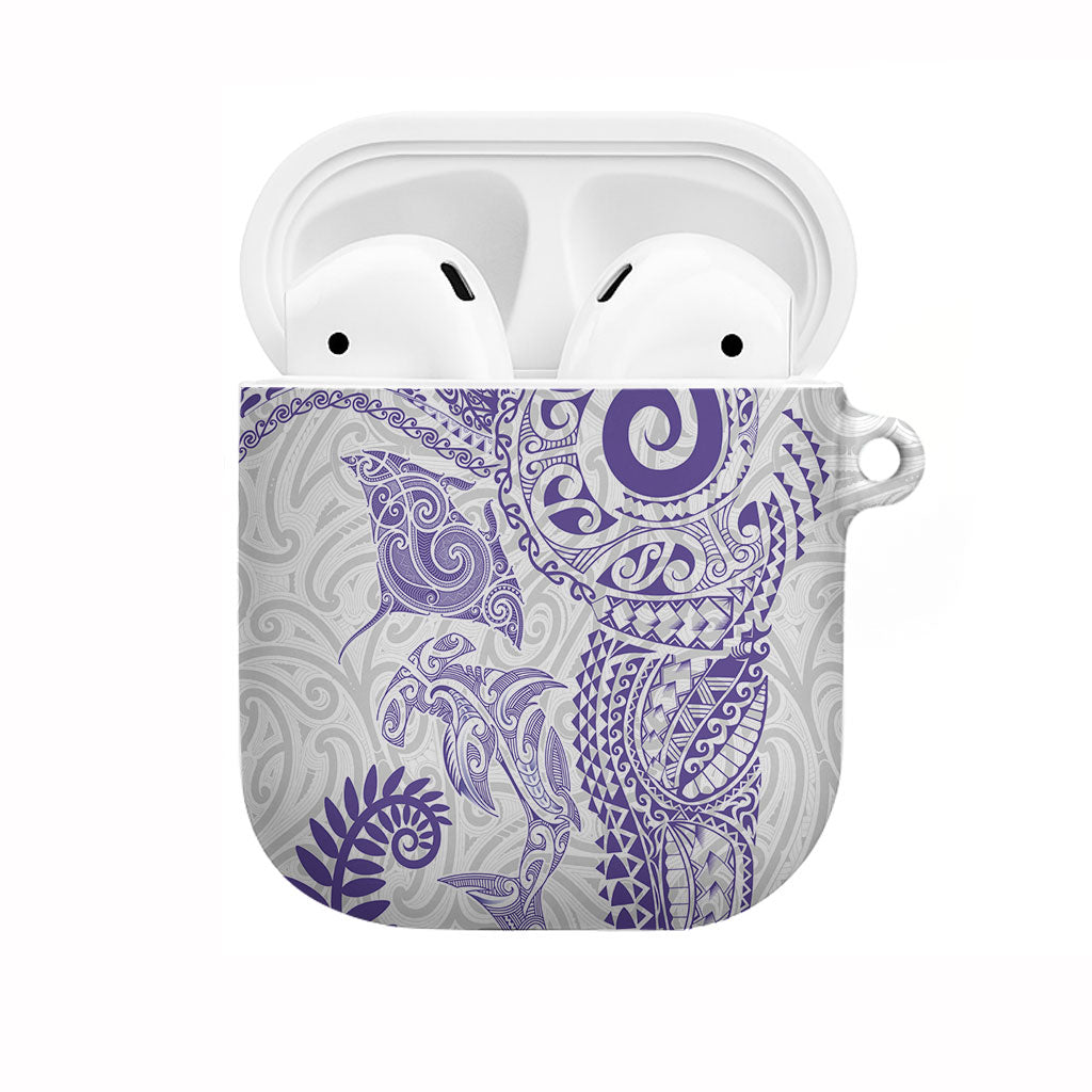 Aotearoa Maori Sea Animals Tribal AirPods Case Manta Ray and Shark Moko Pattern Purple Color