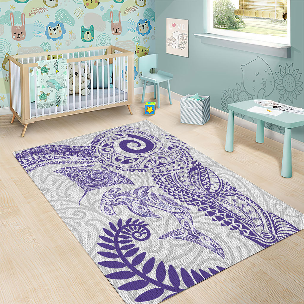 Aotearoa Maori Sea Animals Tribal Area Rug Manta Ray and Shark Moko Pattern Purple Color