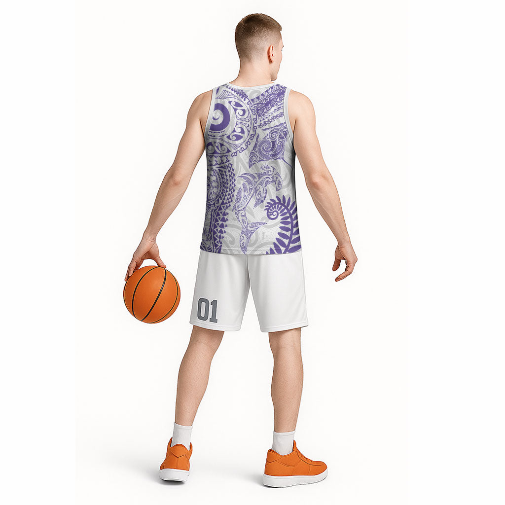 Aotearoa Maori Sea Animals Tribal Basketball Jersey Manta Ray and Shark Moko Pattern Purple Color