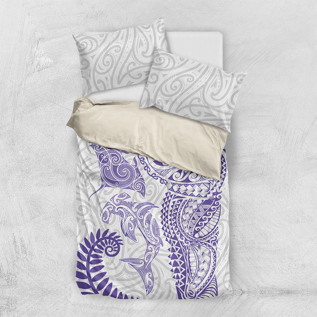 Aotearoa Maori Sea Animals Tribal Bedding Set Manta Ray and Shark Moko Pattern Purple Color