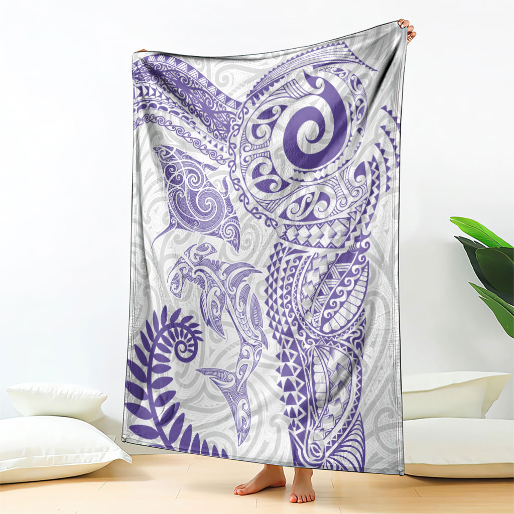 Aotearoa Maori Sea Animals Tribal Blanket Manta Ray and Shark Moko Pattern Purple Color