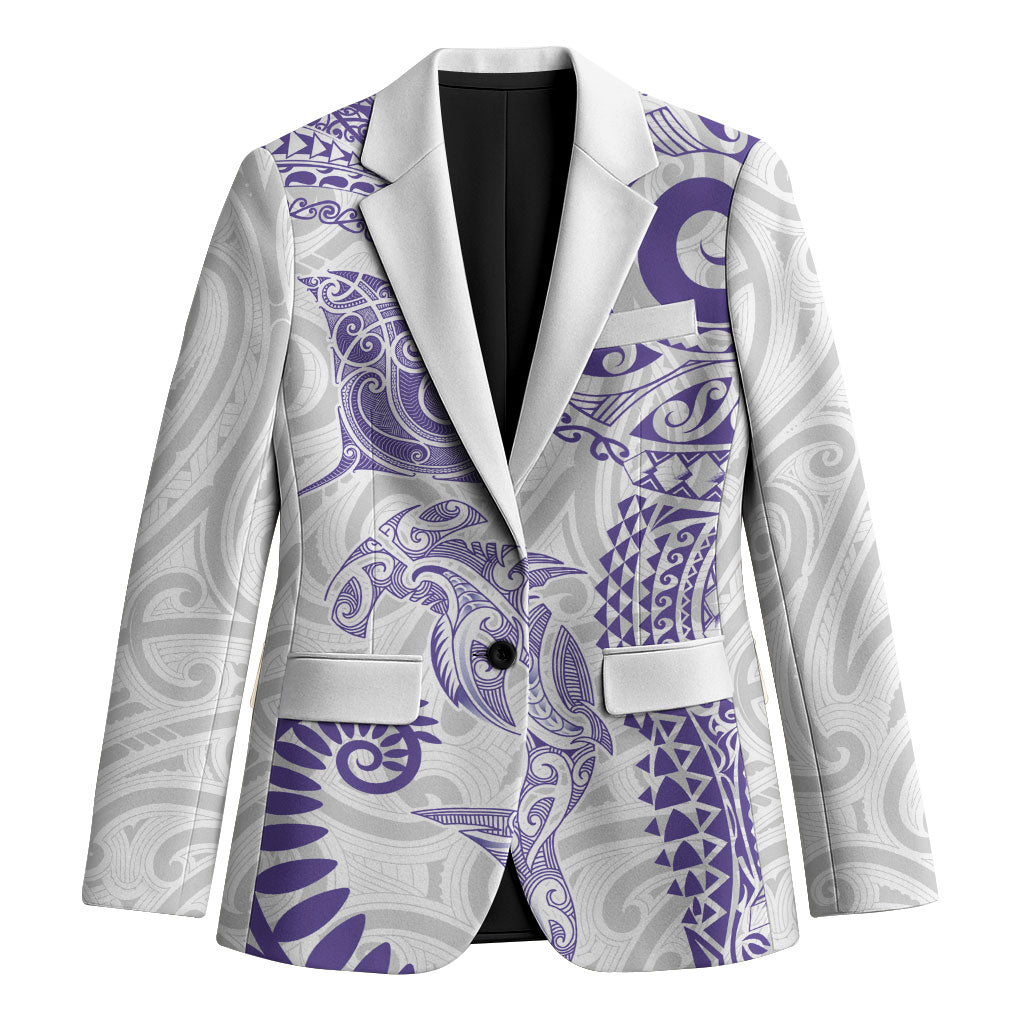 Aotearoa Maori Sea Animals Tribal Blazer Manta Ray and Shark Moko Pattern Purple Color
