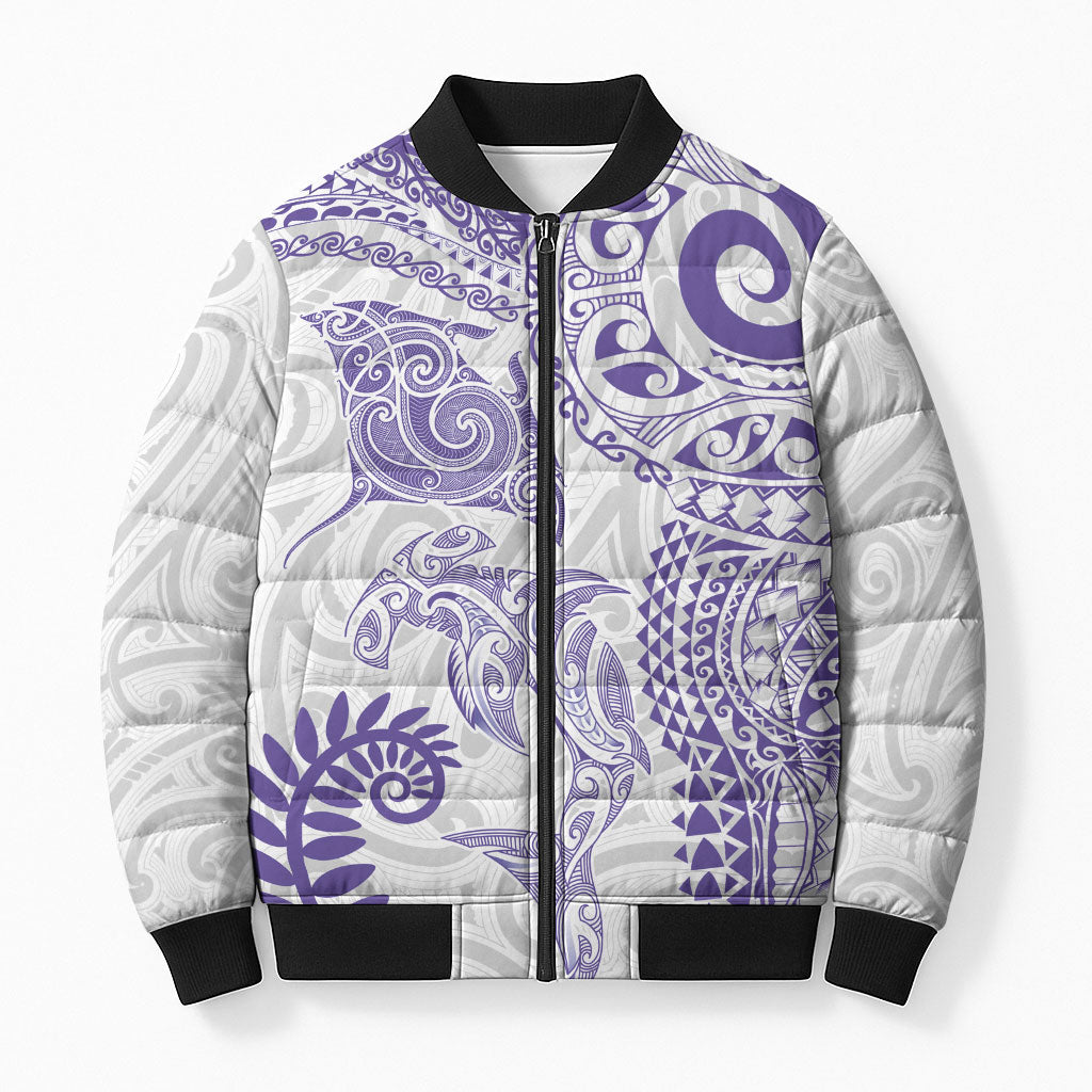 Aotearoa Maori Sea Animals Tribal Bomber Puffer Jacket Manta Ray and Shark Moko Pattern Purple Color