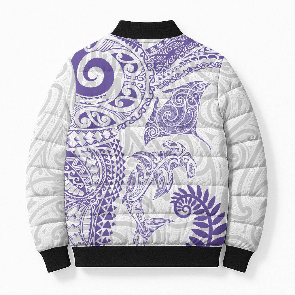 Aotearoa Maori Sea Animals Tribal Bomber Puffer Jacket Manta Ray and Shark Moko Pattern Purple Color LT03 - Polynesian Pride