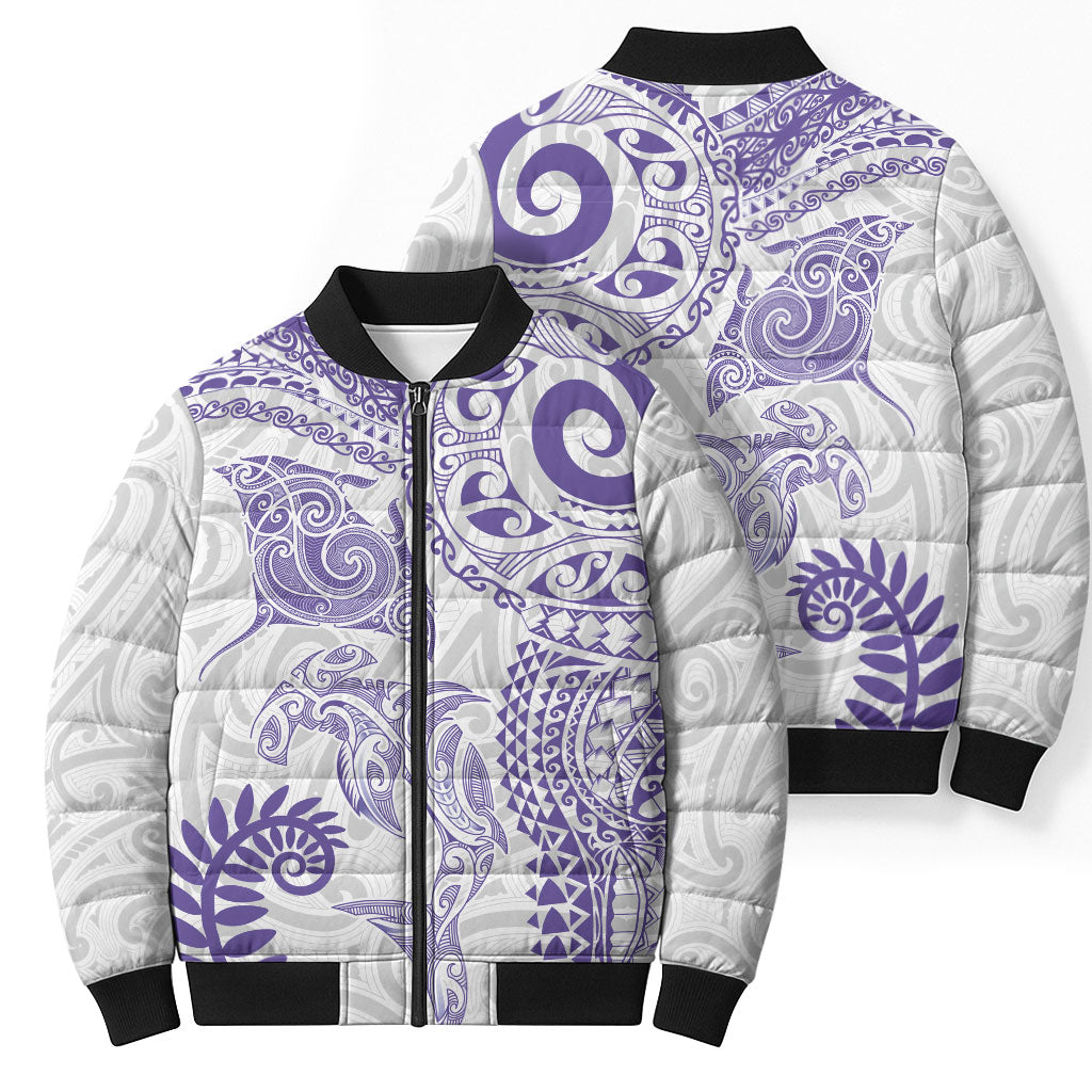 Aotearoa Maori Sea Animals Tribal Bomber Puffer Jacket Manta Ray and Shark Moko Pattern Purple Color LT03 - Polynesian Pride