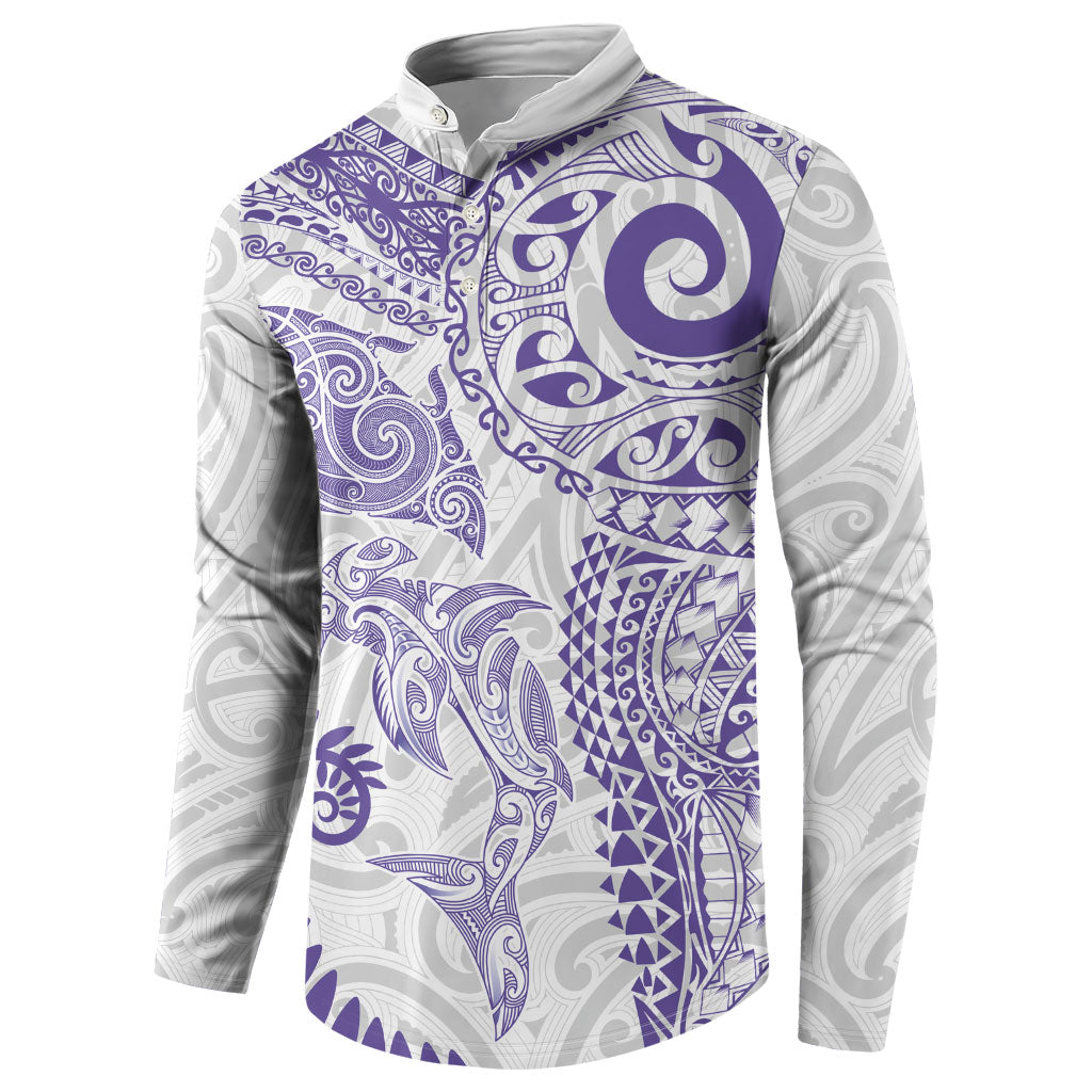 Aotearoa Maori Sea Animals Tribal Button Sweatshirt Manta Ray and Shark Moko Pattern Purple Color