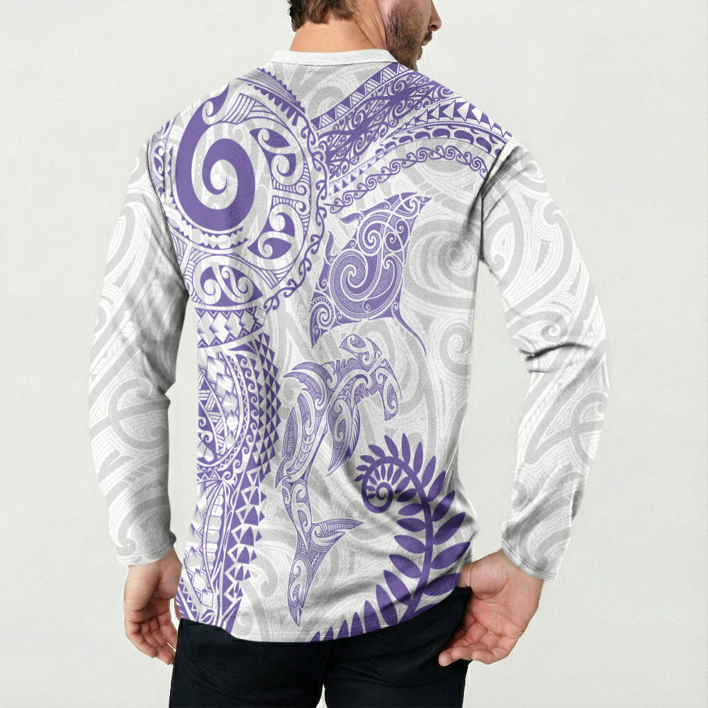 Aotearoa Maori Sea Animals Tribal Button Sweatshirt Manta Ray and Shark Moko Pattern Purple Color