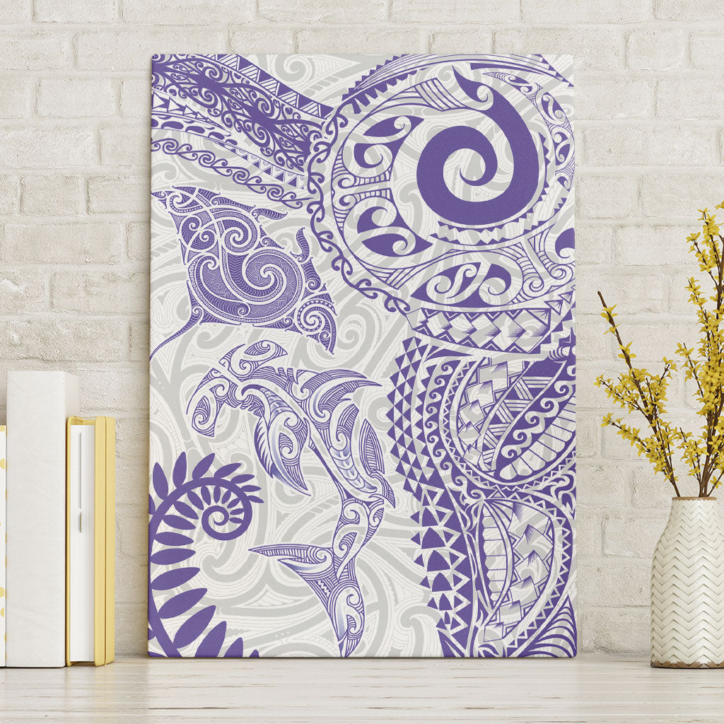 Aotearoa Maori Sea Animals Tribal Canvas Wall Art Manta Ray and Shark Moko Pattern Purple Color