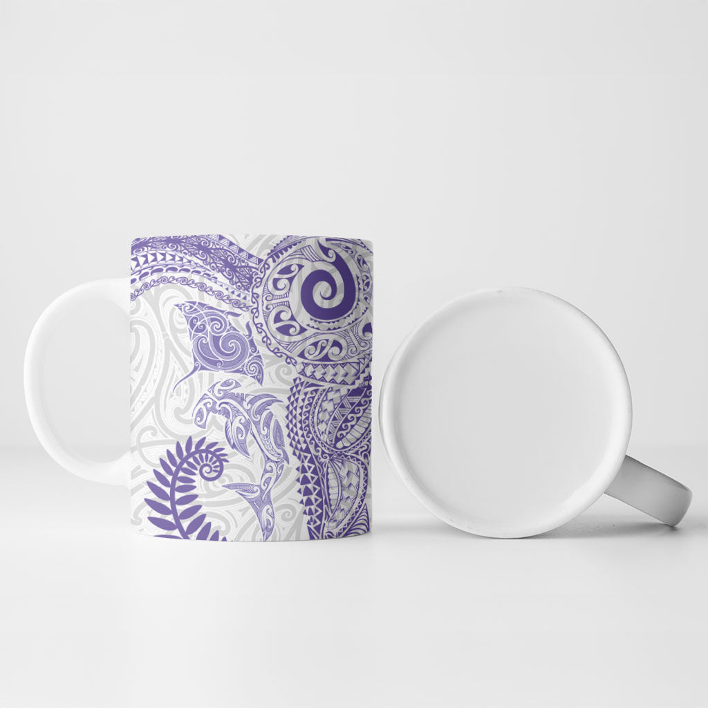 Aotearoa Maori Sea Animals Tribal Ceramic Mug Manta Ray and Shark Moko Pattern Purple Color