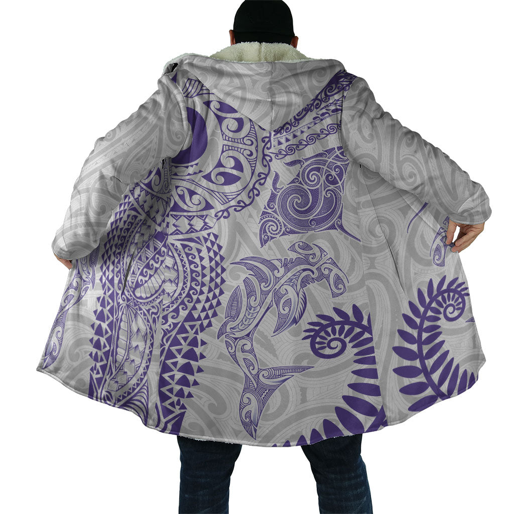 Aotearoa Maori Sea Animals Tribal Cloak Manta Ray and Shark Moko Pattern Purple Color