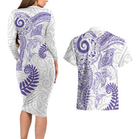 Aotearoa Maori Sea Animals Tribal Couples Matching Long Sleeve Bodycon Dress and Hawaiian Shirt Manta Ray and Shark Moko Pattern Purple Color LT03 - Polynesian Pride