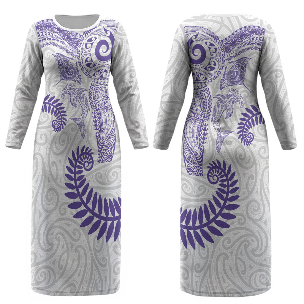 Aotearoa Maori Sea Animals Tribal Couples Matching Long Sleeve Bodycon Dress and Long Sleeve Button Shirt Manta Ray and Shark Moko Pattern Purple Color LT03 - Polynesian Pride