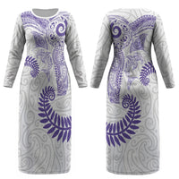 Aotearoa Maori Sea Animals Tribal Couples Matching Long Sleeve Bodycon Dress and Long Sleeve Button Shirt Manta Ray and Shark Moko Pattern Purple Color LT03 - Polynesian Pride
