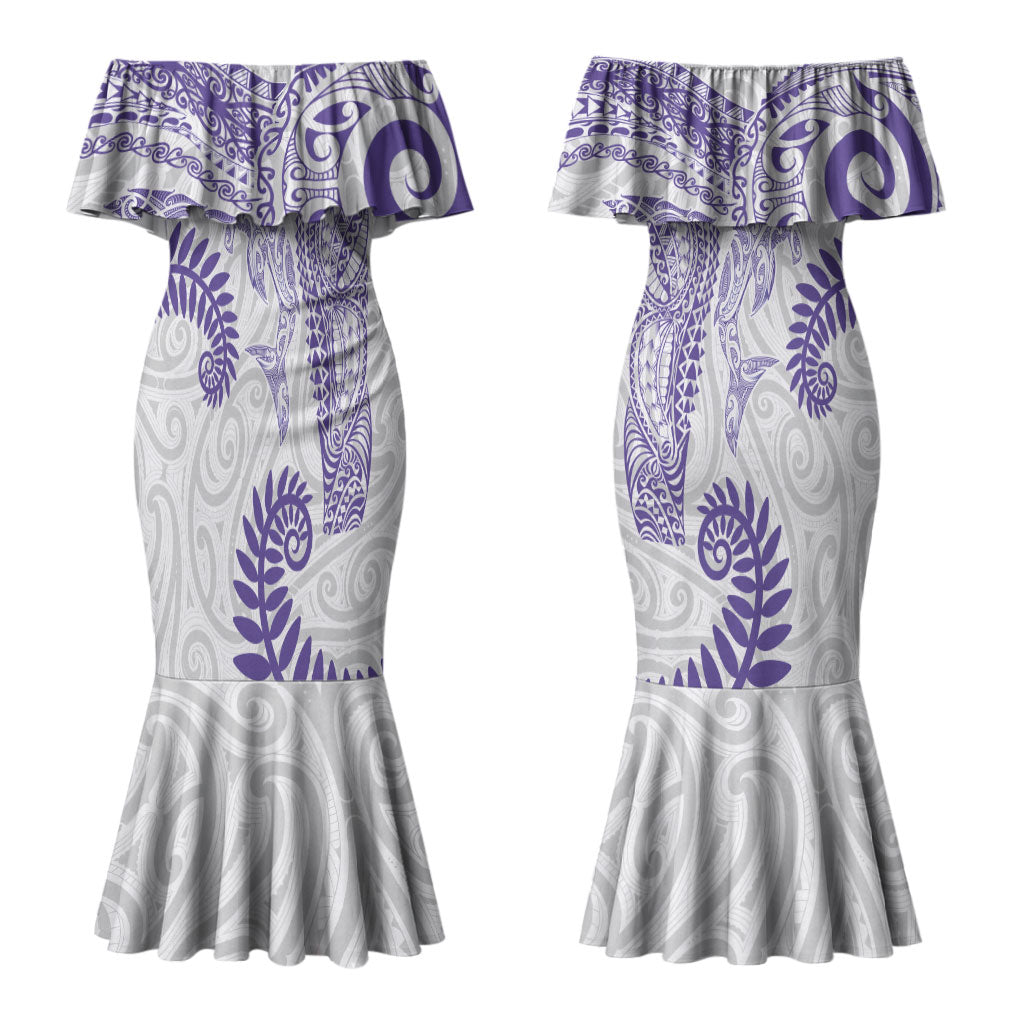 Aotearoa Maori Sea Animals Tribal Couples Matching Mermaid Dress and Hawaiian Shirt Manta Ray and Shark Moko Pattern Purple Color LT03 - Polynesian Pride
