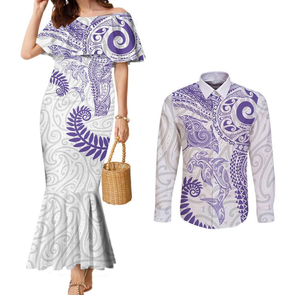 Aotearoa Maori Sea Animals Tribal Couples Matching Mermaid Dress and Long Sleeve Button Shirt Manta Ray and Shark Moko Pattern Purple Color LT03 Purple - Polynesian Pride
