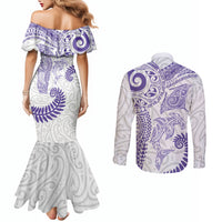 Aotearoa Maori Sea Animals Tribal Couples Matching Mermaid Dress and Long Sleeve Button Shirt Manta Ray and Shark Moko Pattern Purple Color LT03 - Polynesian Pride